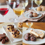 An elegant display of dessert wine glasses surrounded by cheesecake, chocolate, and fruit tart on a rustic wooden table.