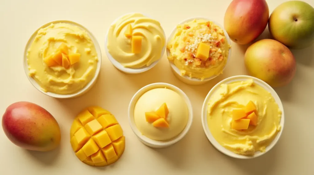 A selection of mango desserts, including pudding, sorbet, and mousse, with fresh Mangoes.