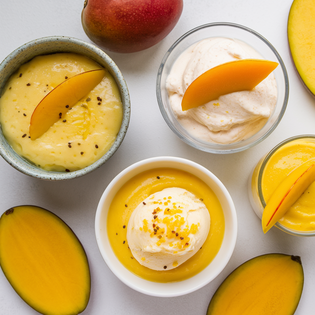 A selection of mango desserts, including pudding, sorbet, and mousse, with fresh mangoes.