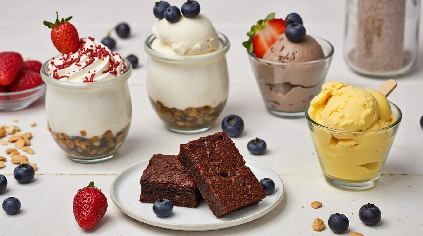 A variety of high protein desserts, including parfaits, brownies, and chia seed pudding, arranged on a table.