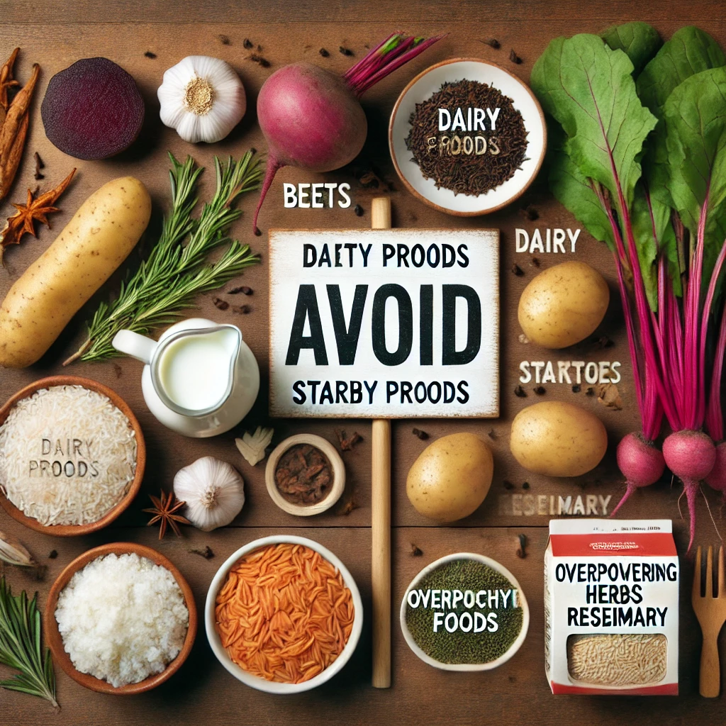 Flat lay of ingredients to avoid in bone broth, including beets, dairy, starchy foods, and processed items.