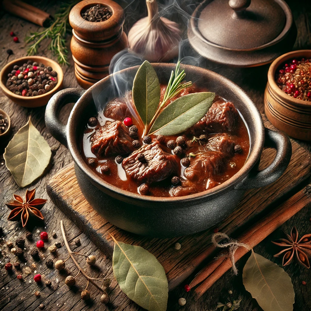 Beef stew with various spices on a wooden surface