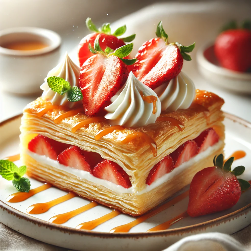 Slice of puff pastry dessert filled with whipped cream and fresh strawberries, placed on a ceramic plate.