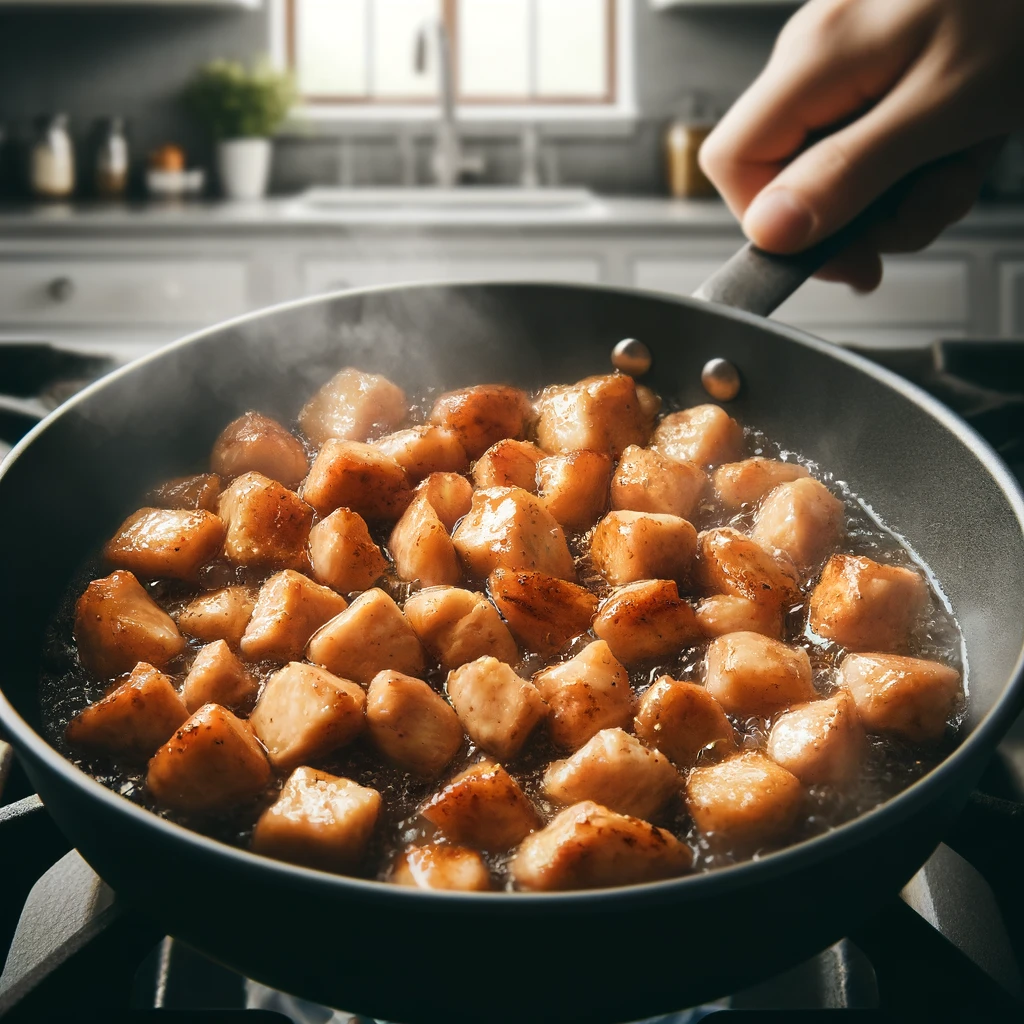 Juicy and tender diced chicken pieces in a pan
