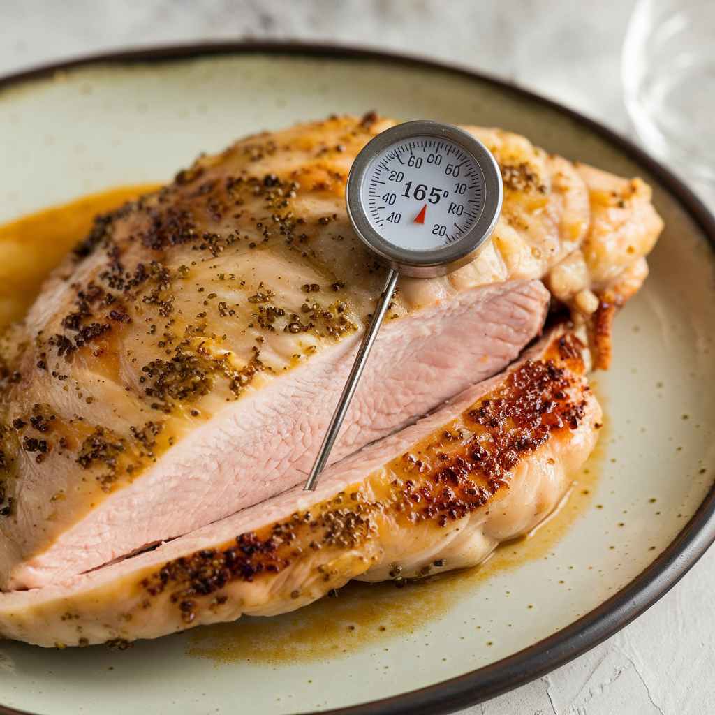 Meat thermometer checking temperature of cooked thin cut chicken breast
