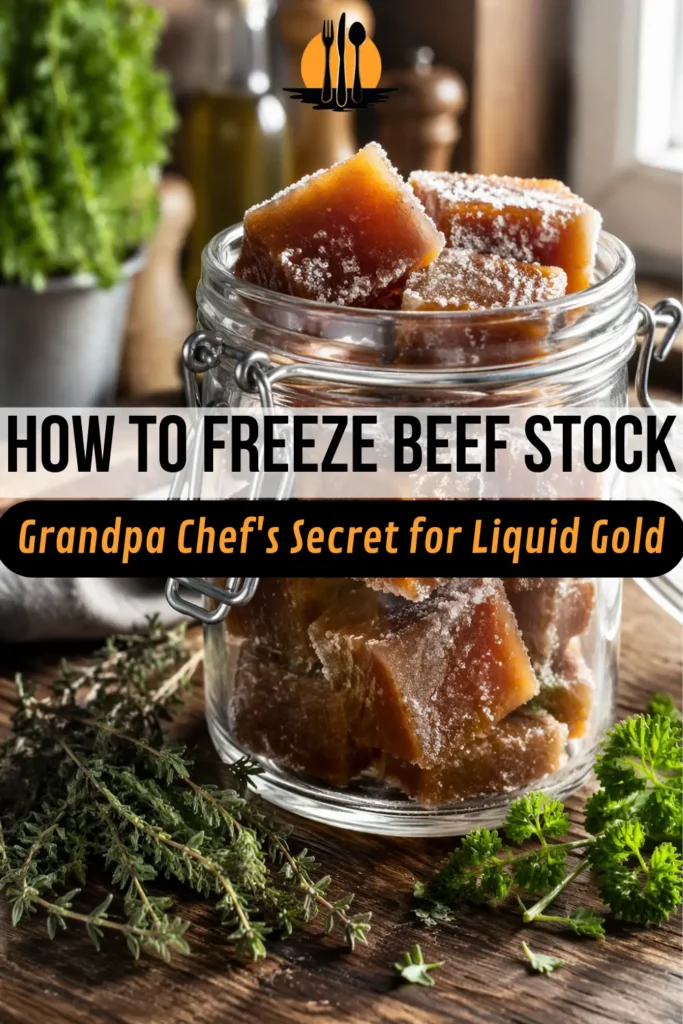 A glass jar filled with frozen cubes showing the best way to freeze beef stock on a rustic wooden table.