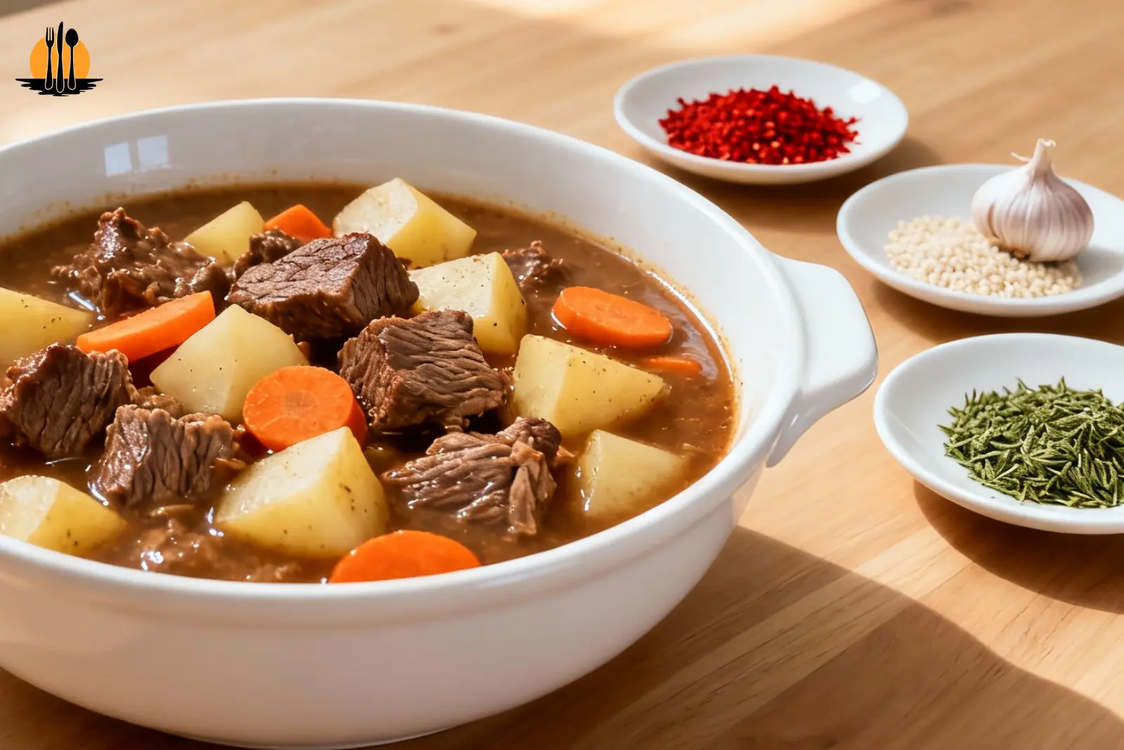 A bowl of hearty beef stew served next to small plates of ingredients for a homemade spice blend.