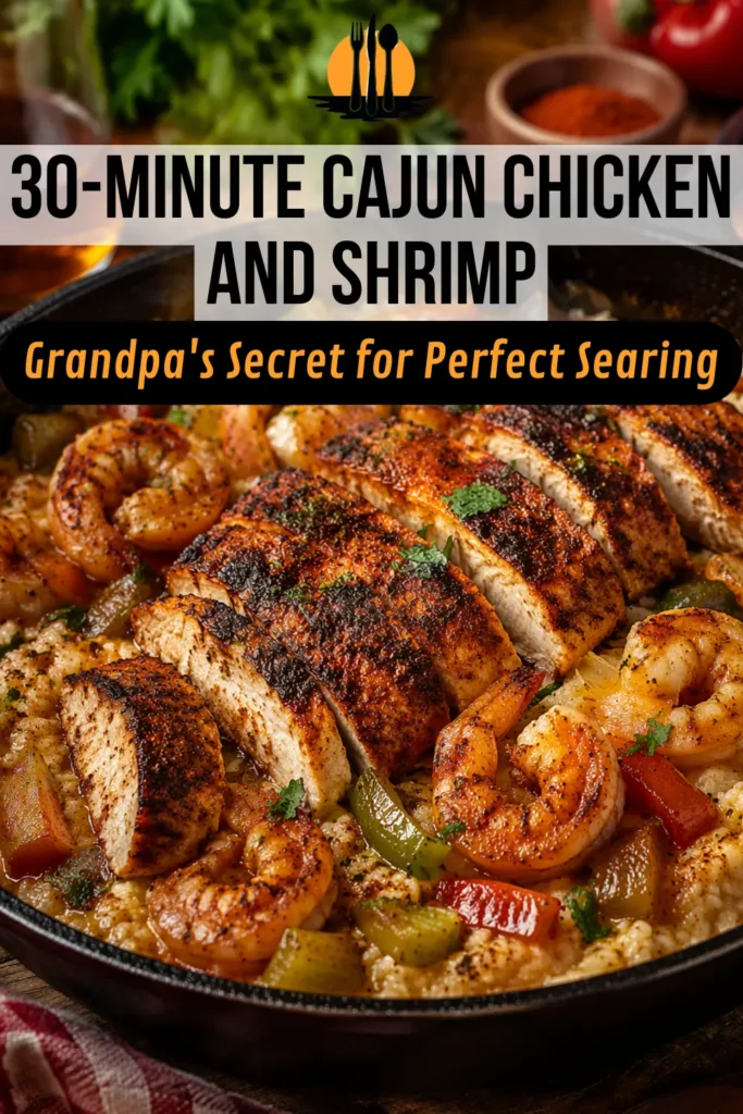 A seasoned cast iron skillet filled with authentic cajun chicken and shrimp over a bed of spiced rice, showcasing perfectly seared chicken thighs and pink, opaque shrimp.