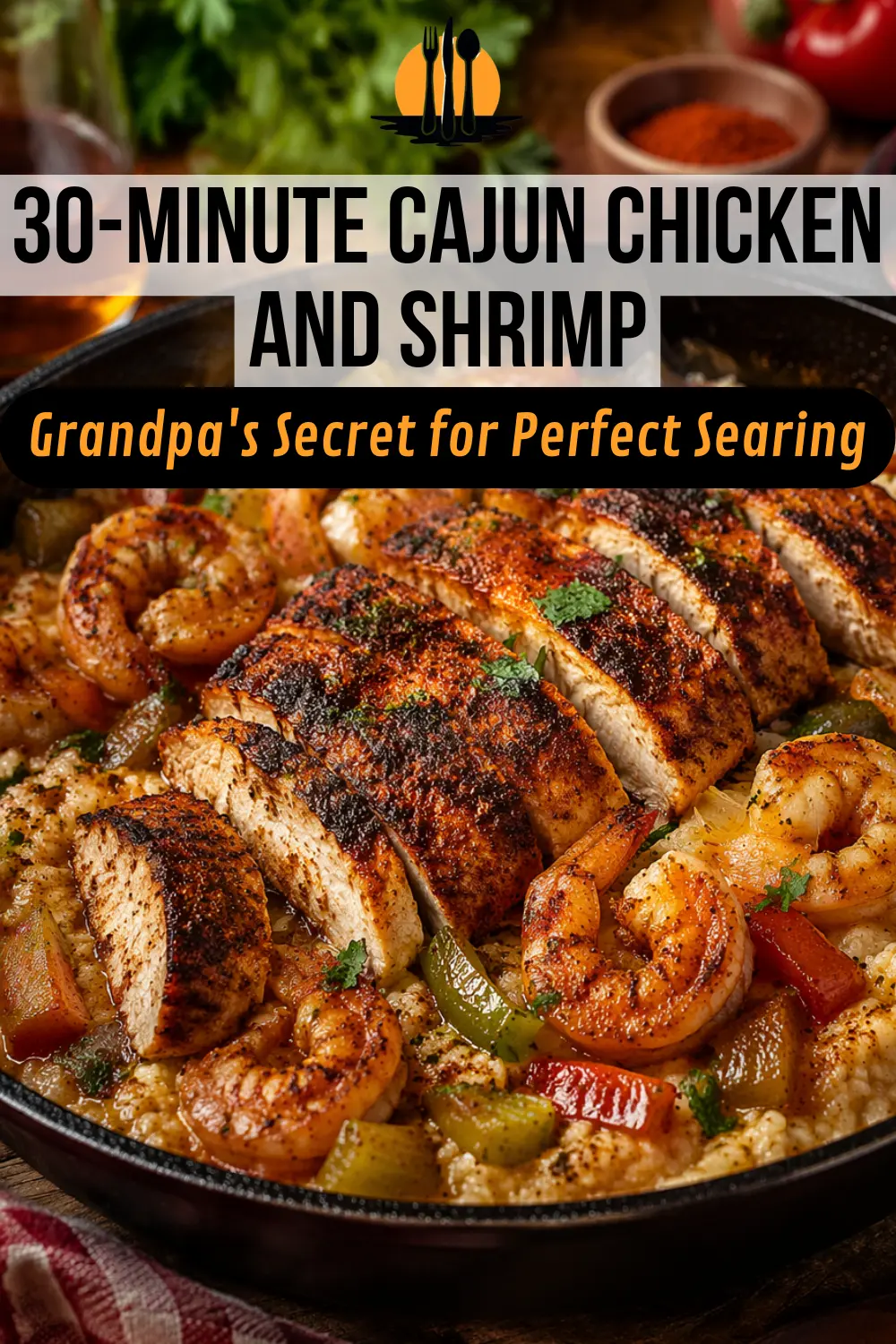 A seasoned cast iron skillet filled with authentic cajun chicken and shrimp over a bed of spiced rice, showcasing perfectly seared chicken thighs and pink, opaque shrimp.