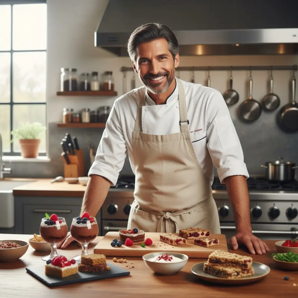 Chef Brooke, 40, smiling in a bright kitchen with high protein desserts on the counter.