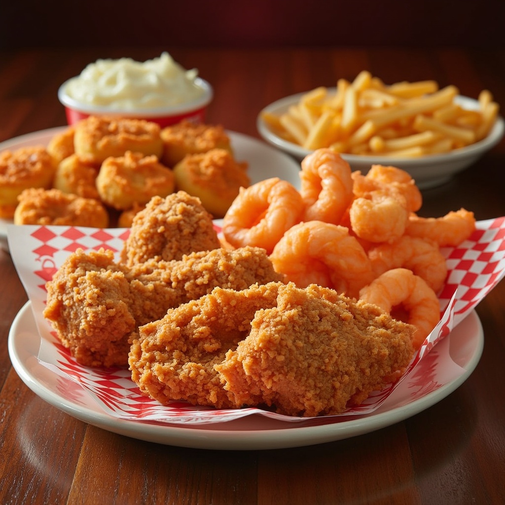 Popeyes chicken and shrimp platter with biscuits and fries on a serving tray