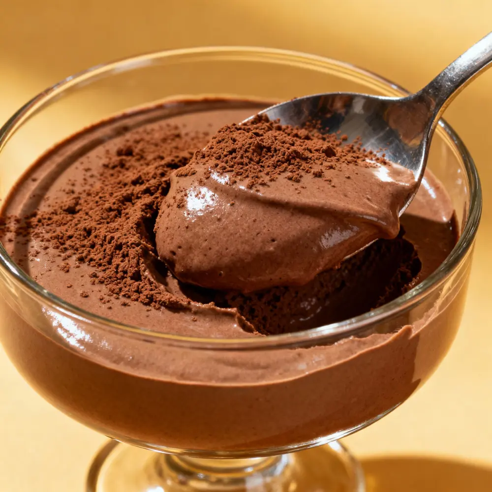 Spoon lifting creamy chocolate protein mousse in a glass, cocoa dusted.