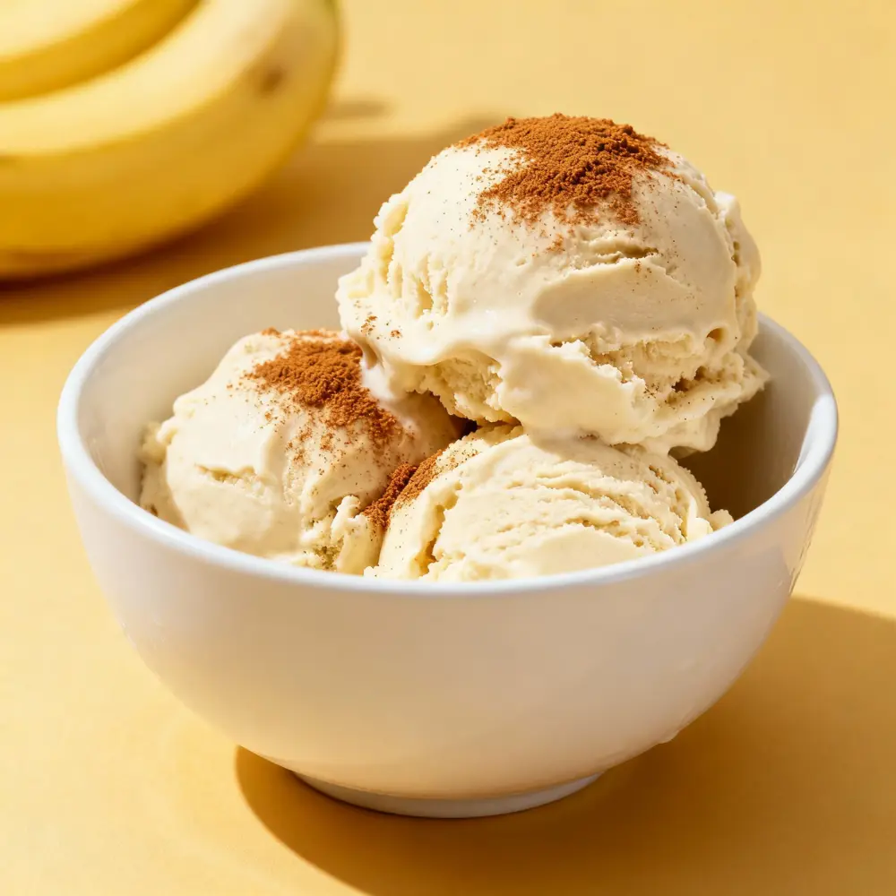 High Protein Desserts image showing scoops of banana protein ice cream in a white bowl, lightly dusted with cinnamon on a yellow background.