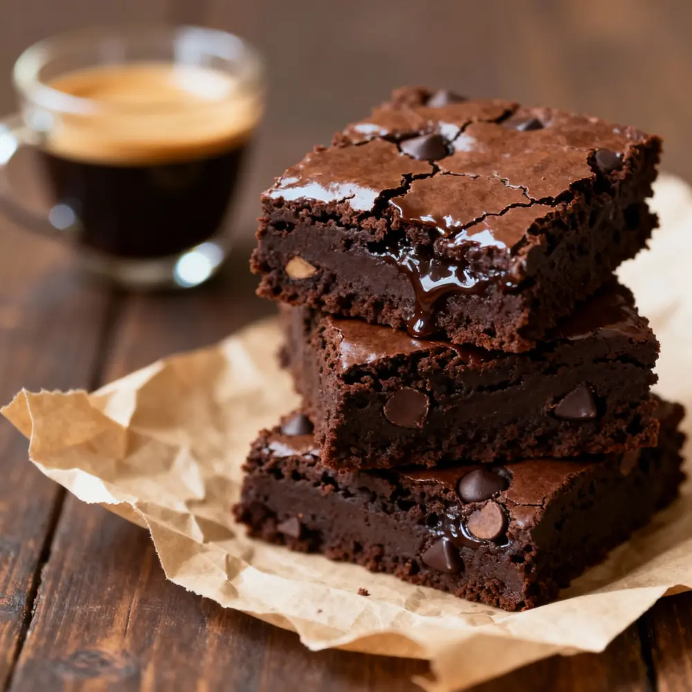 Fudgy black bean espresso brownies stacked on parchment with melted chocolate chips, espresso cup in the background.
