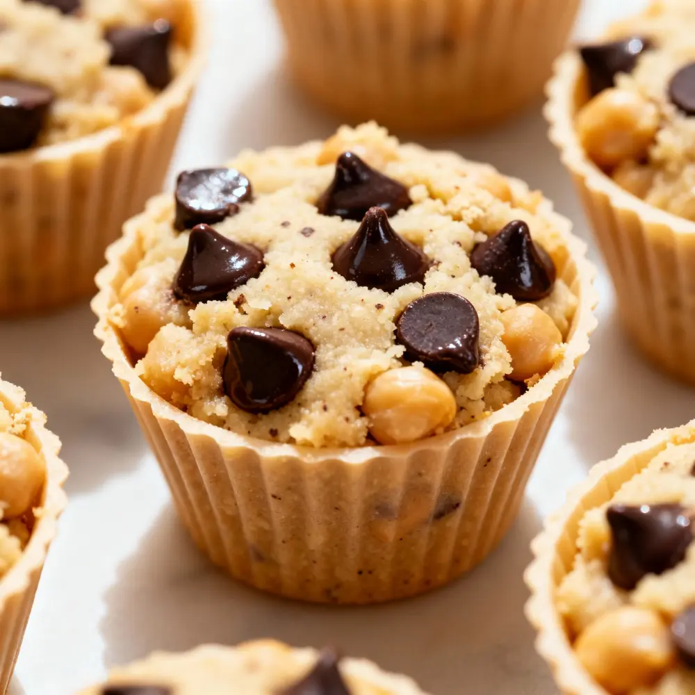Close up of chickpea cookie dough cups in silicone liners topped with dark chocolate chips, bright natural light.