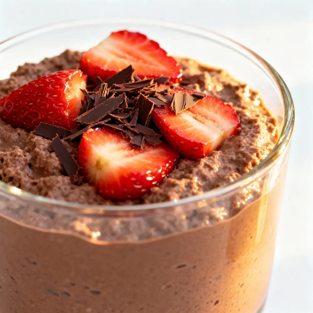 Close up of chocolate cottage cheese pudding in a glass topped with sliced strawberries and dark chocolate shavings.