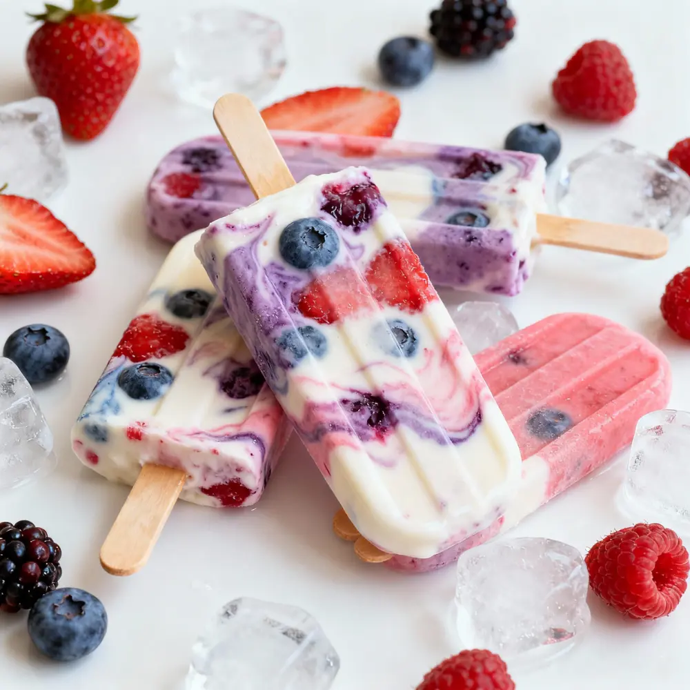 Greek yogurt berry popsicles with swirled strawberries, blueberries, and raspberries on ice cubes, bright white background.