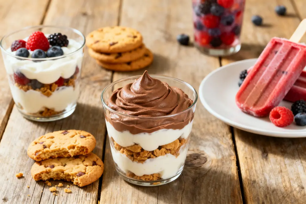 High protein dessert spread with yogurt parfaits layered with berries, a glass of chocolate mousse, cookies, and berry popsicles on a rustic wooden table.