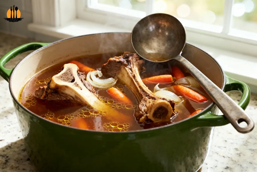 Heavy green pot filled with rich homemade beef stock and roasted bones simmering on a kitchen counter