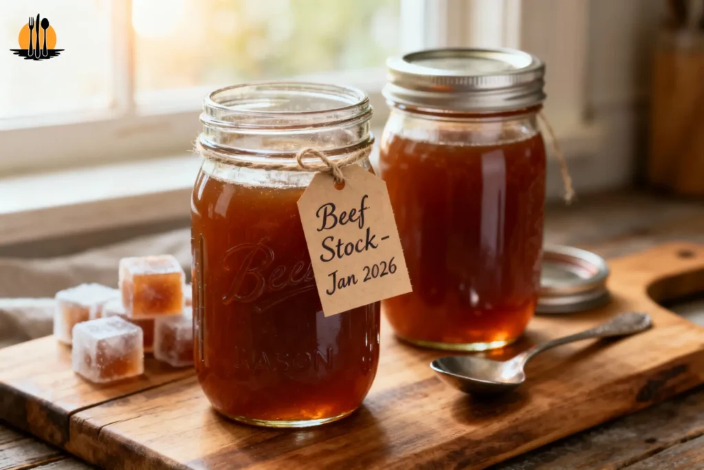 Grandpa Chef showing how to freeze beef stock in wide-mouth Mason jars and ice cube trays for long term storage.