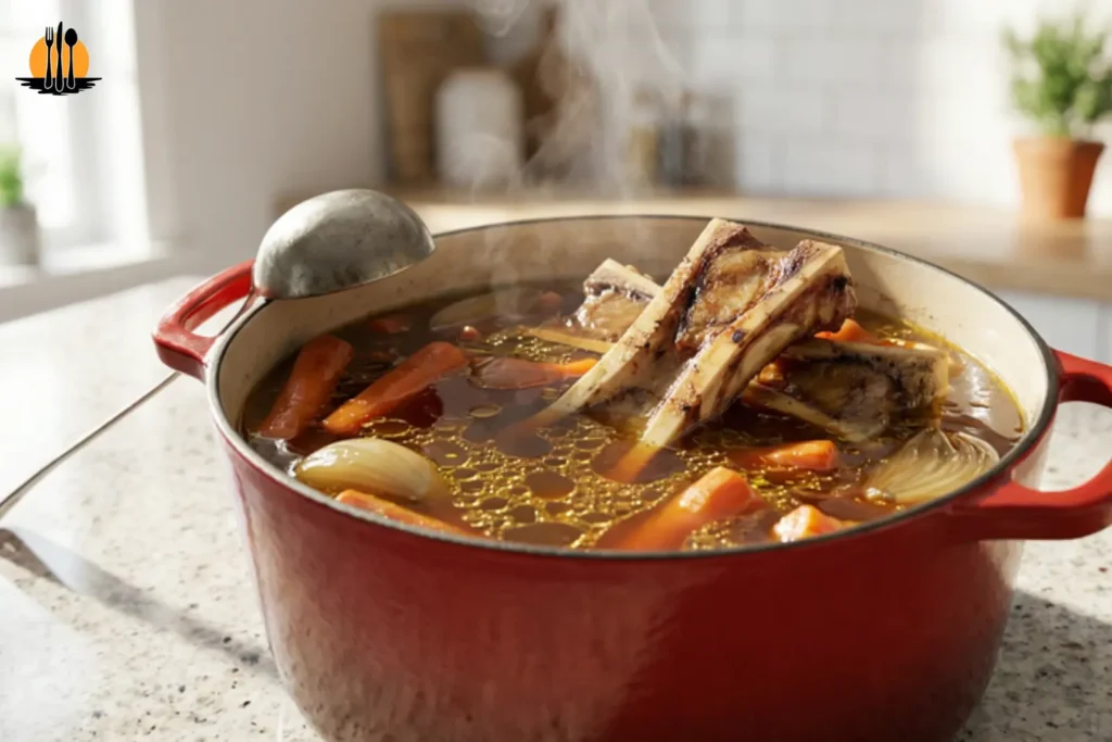 Grandpa Chef simmering a rich batch of homemade beef stock with roasted marrow bones and vegetables before the freezing process.
