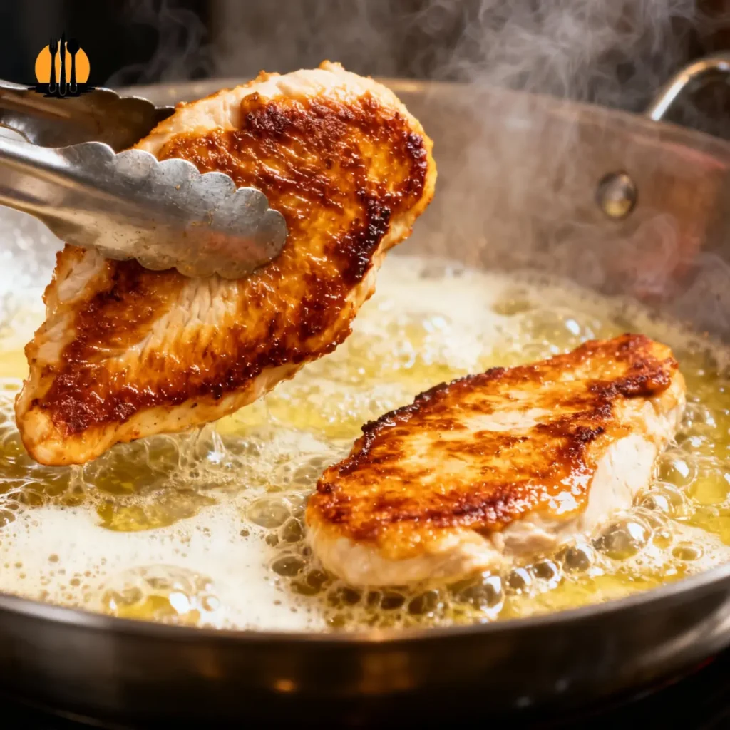 Chef using tongs to flip a golden brown chicken cutlet searing in a hot stainless steel pan with foaming butter
