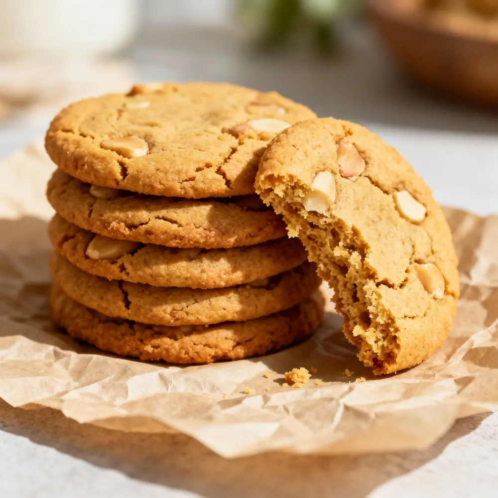 Stack of peanut butter protein cookies on parchment with one cookie partly broken.