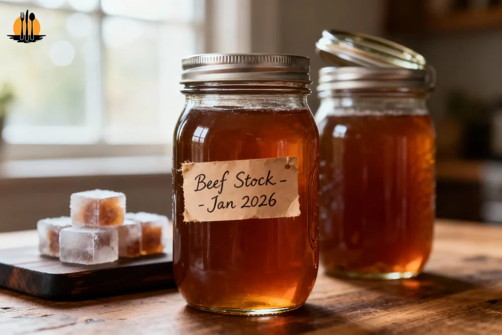 A professional result of Grandpa Chef Beef Stock Recipes showing clear amber liquid in glass jars with handwritten labels.
