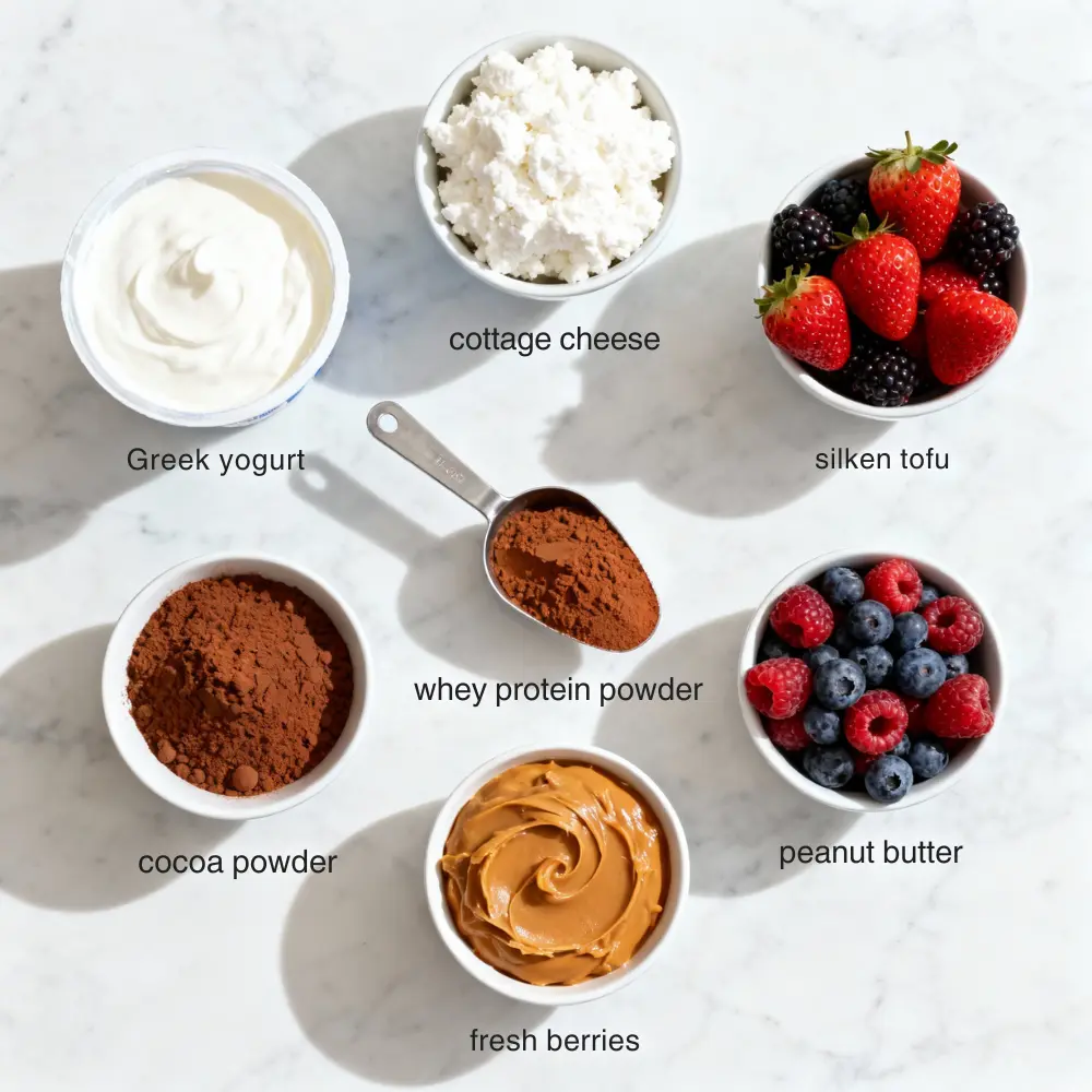Labeled bowls of yogurt, cottage cheese, tofu, whey, cocoa, peanut butter, and berries on marble.