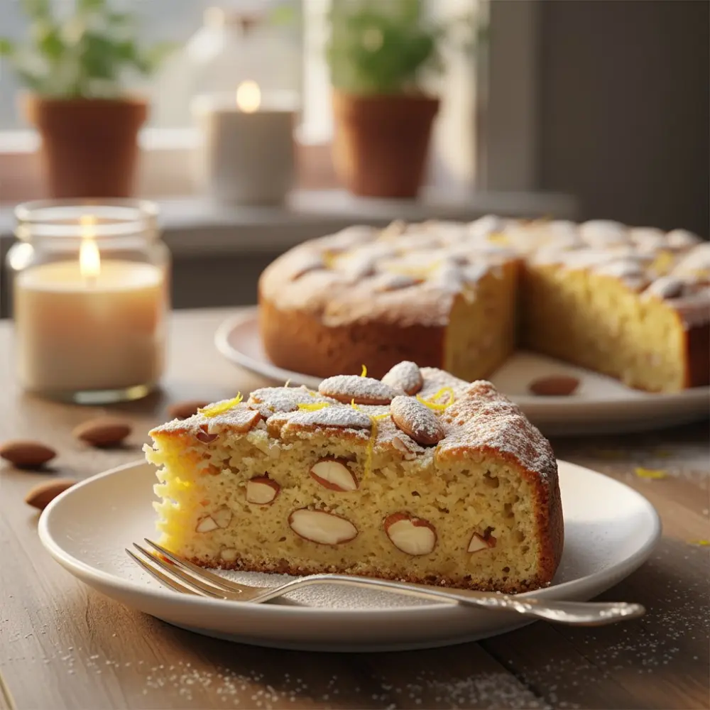Slice of almond protein cake with lemon zest and powdered sugar on a plate, whole cake in the background.