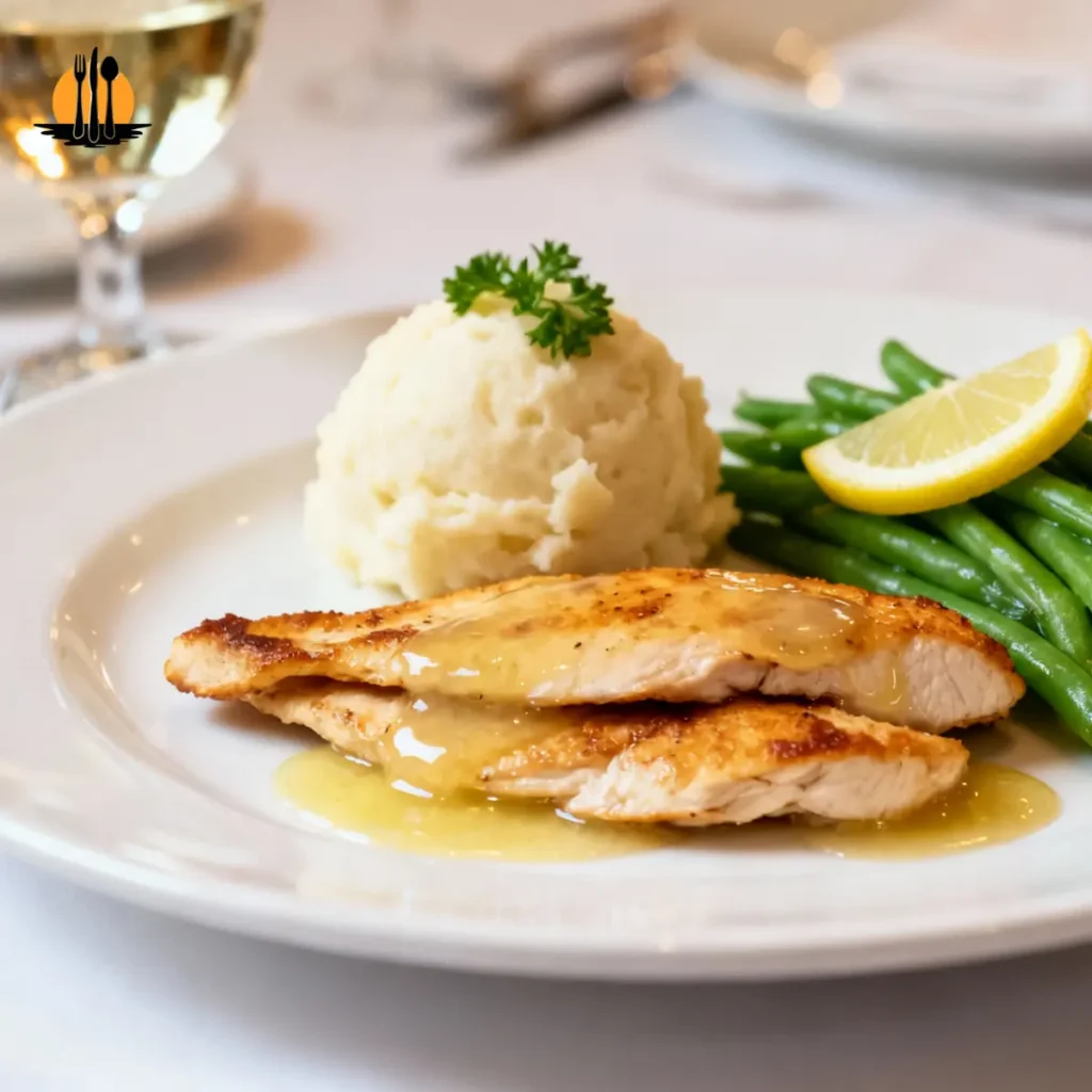 Pan seared thin cut chicken breast served with creamy mashed potatoes and green beans with lemon butter sauce