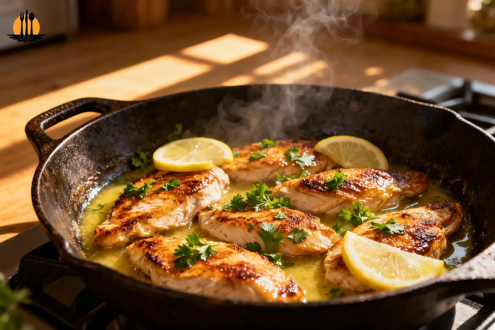 Juicy pan seared thin cut chicken breast cooking in a cast iron skillet with lemon butter sauce and fresh parsley