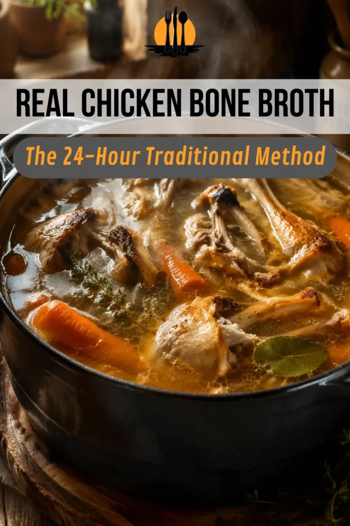 Rich and traditional chicken bone broth simmering in a heavy-duty pot