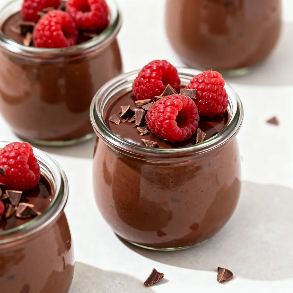 Small jars of vegan silken tofu chocolate pudding topped with raspberries and chocolate shards.