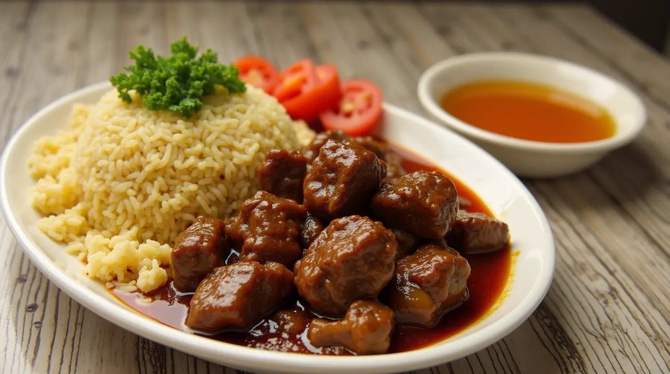 A steaming plate of beef pares served with garlic fried rice and soup, garnished with green onions.