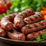 Beef sausage recipes featuring grilled sausages on a plate with fresh vegetables.