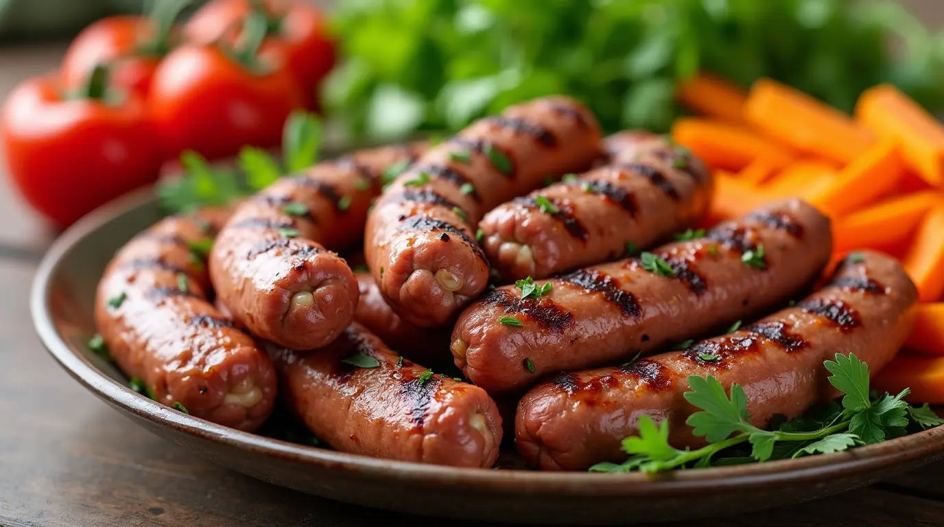 Beef sausage recipes featuring grilled sausages on a plate with fresh vegetables.