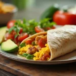 Chicken and egg breakfast burrito on a rustic breakfast table.