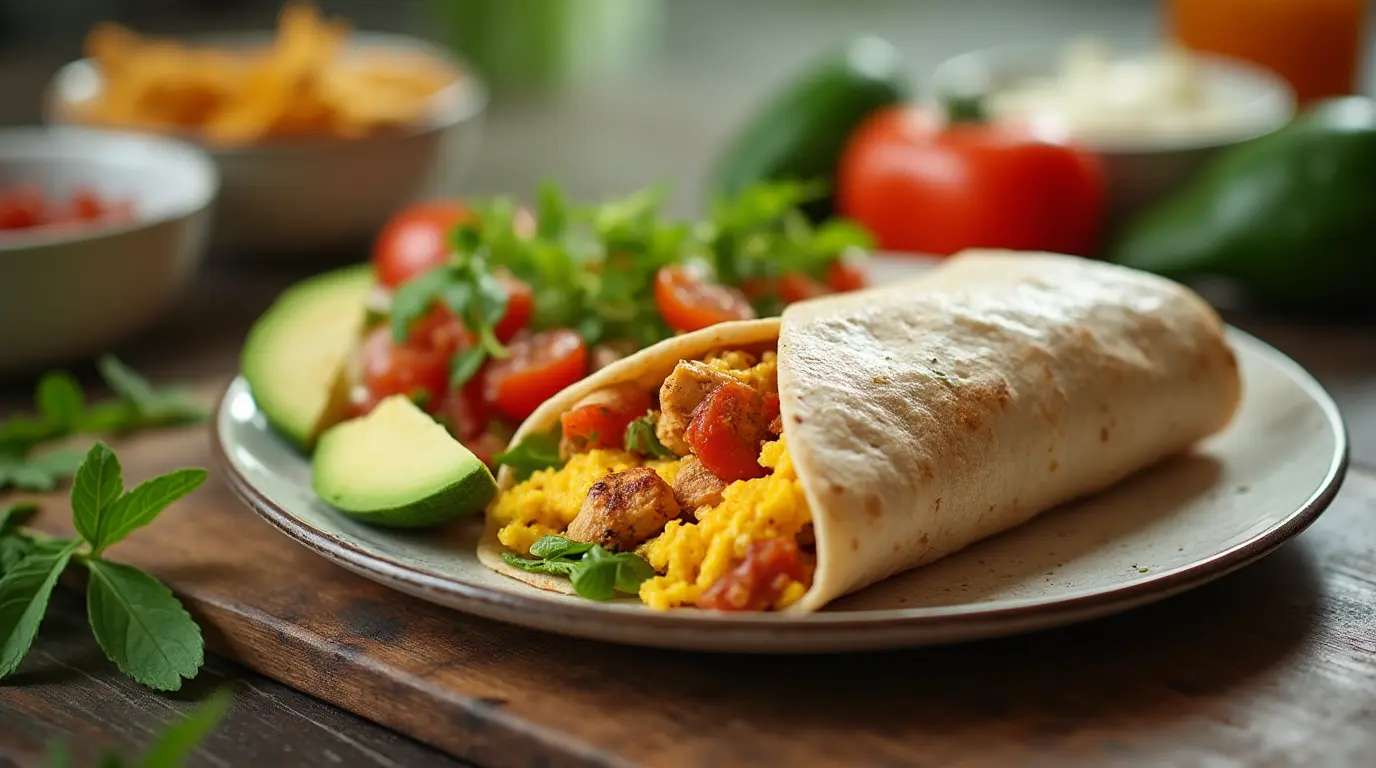 Chicken and egg breakfast burrito on a rustic breakfast table.