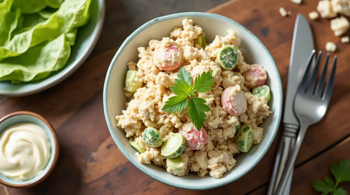 Chicken salad chick recipe served in a bowl with fresh herbs and celery.