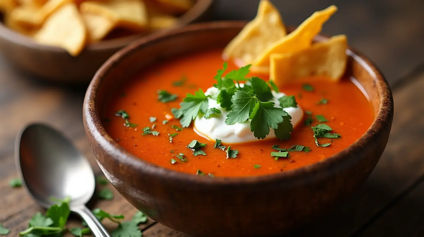 Chipotle Red Pepper Soup garnished with sour cream and tortilla strips.