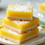 Freshly baked lemon bars with a golden crust and powdered sugar.