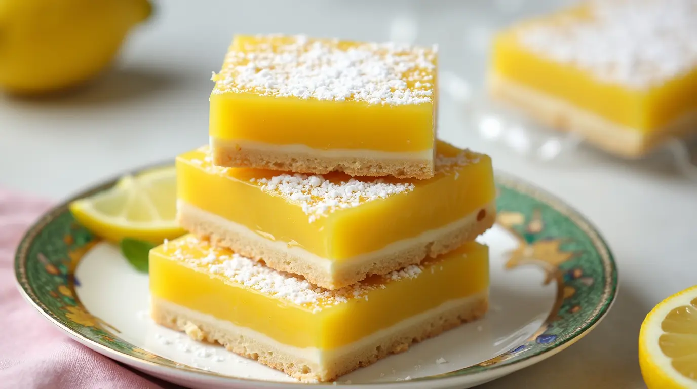 Freshly baked lemon bars with a golden crust and powdered sugar.