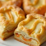 Golden puff pastry mille-feuille with cream and strawberries, surrounded by baking tools.