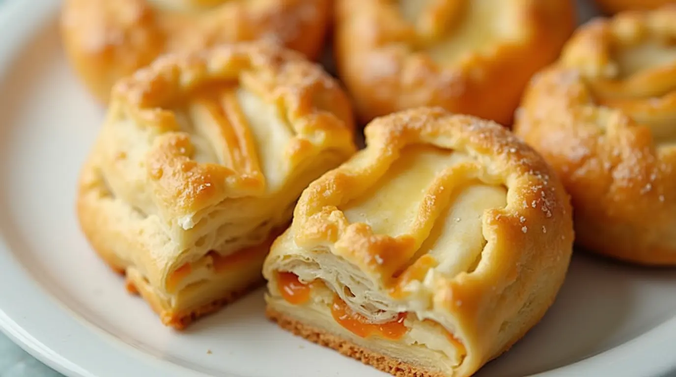 Golden puff pastry mille-feuille with cream and strawberries, surrounded by baking tools.