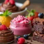 A vibrant display of gluten and dairy free desserts including brownies, fruit sorbets, and a chocolate mousse.