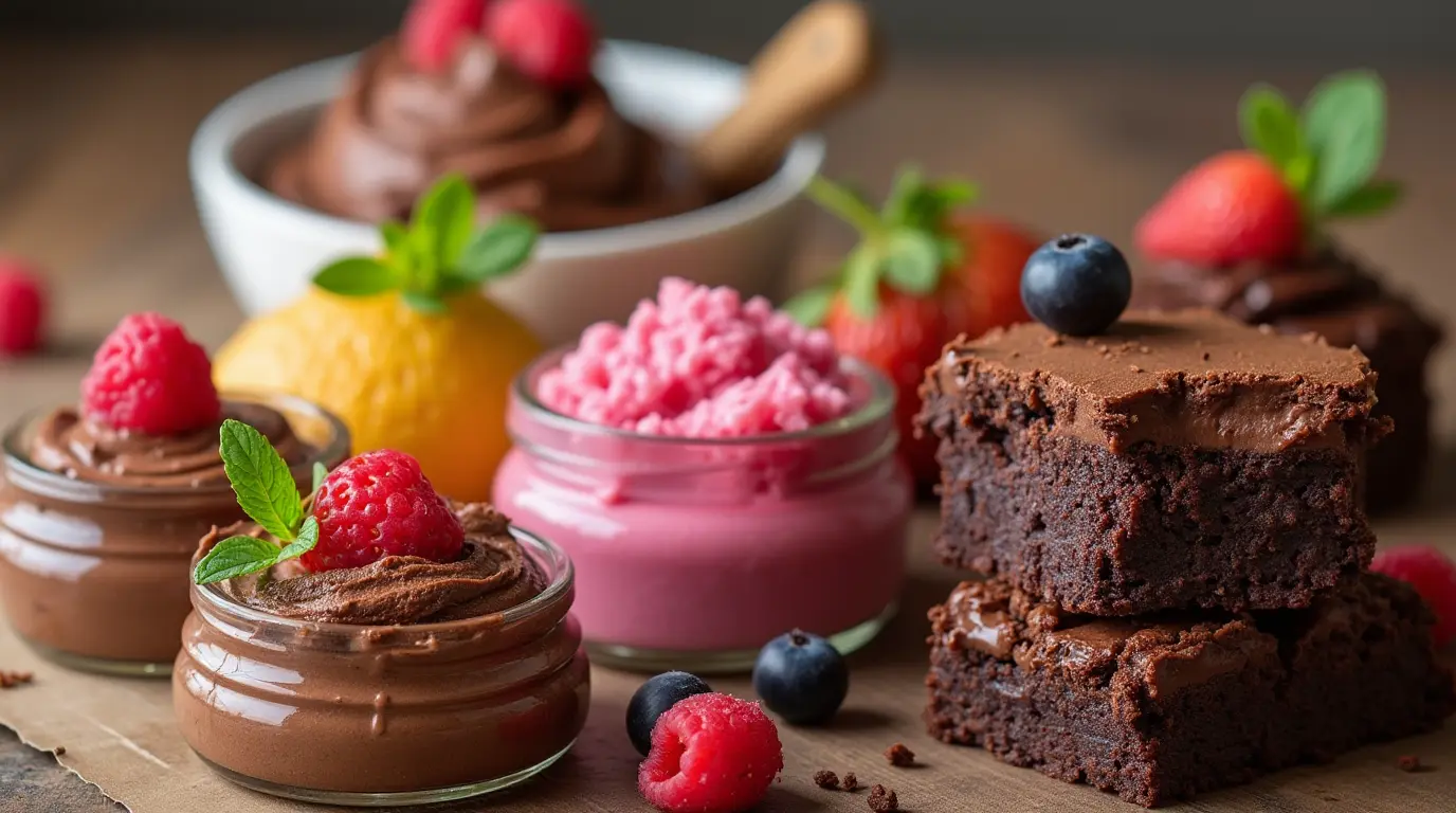 A vibrant display of gluten and dairy free desserts including brownies, fruit sorbets, and a chocolate mousse.