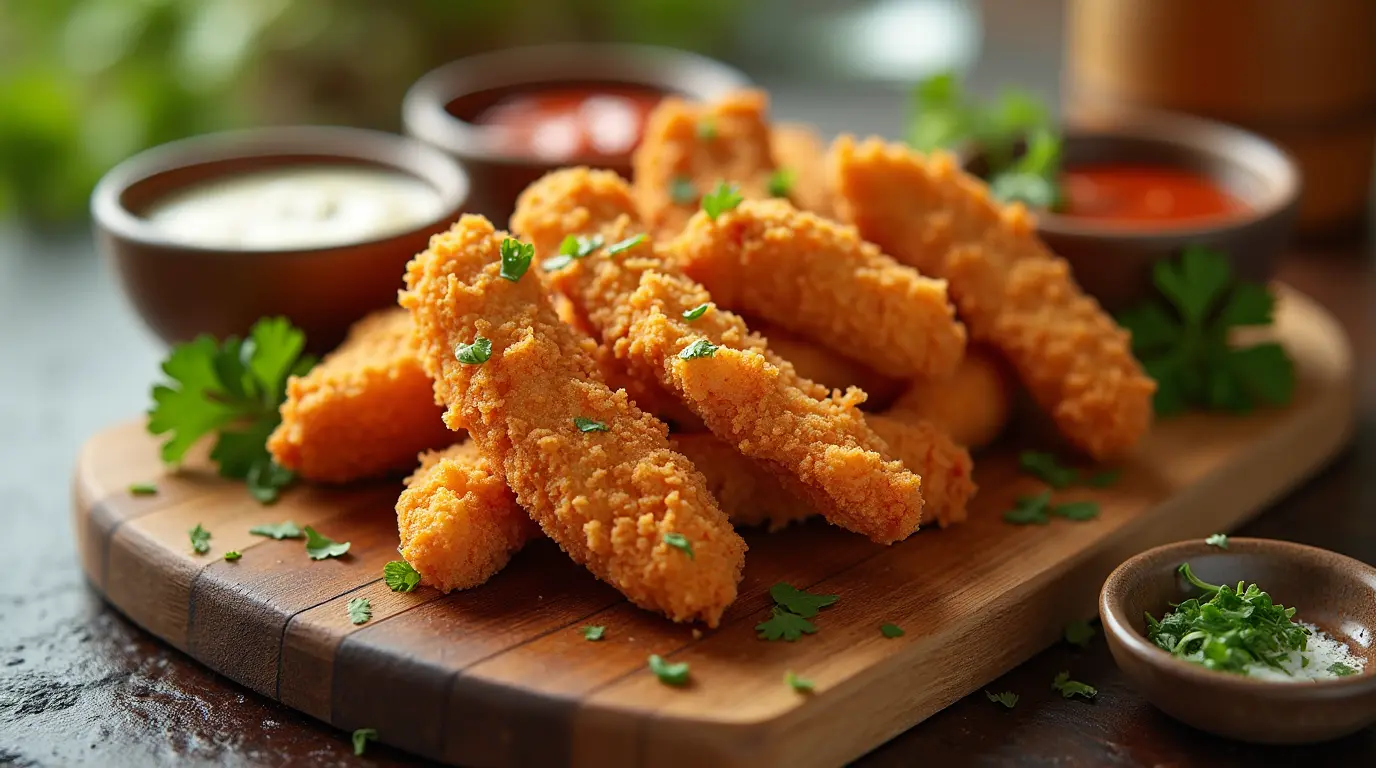 Crispy chicken tenders with dipping sauces on a wooden board