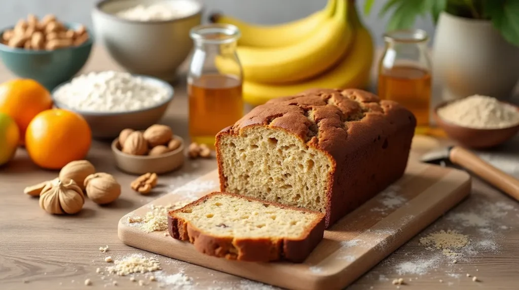Ingredients and finished banana bread for healthy baking recipes