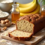 Ingredients and finished banana bread for healthy baking